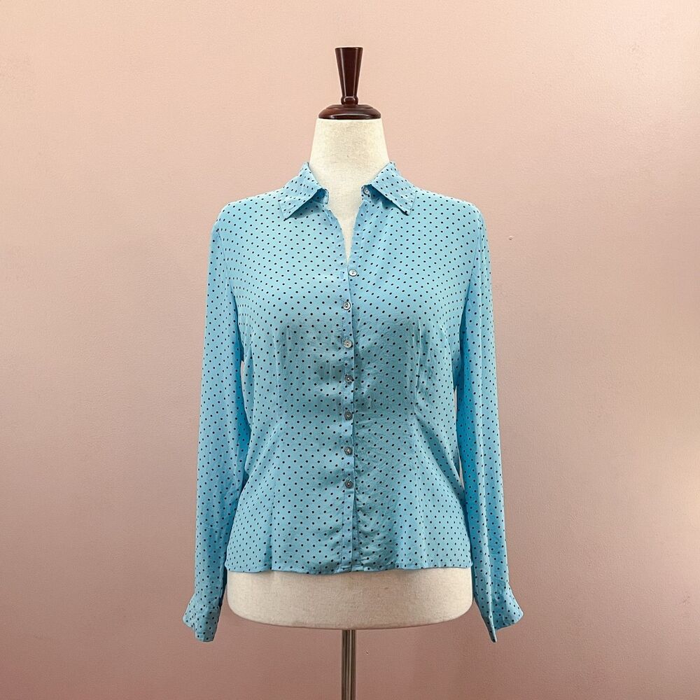 Worthington 100% Silk Blue Polka Dot Button Up Womens Blouse M Office Career